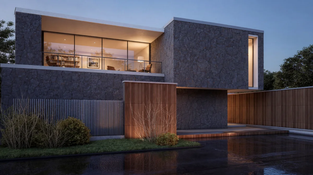 Fachada con revestimiento de piedra volcánica PU en casa moderna